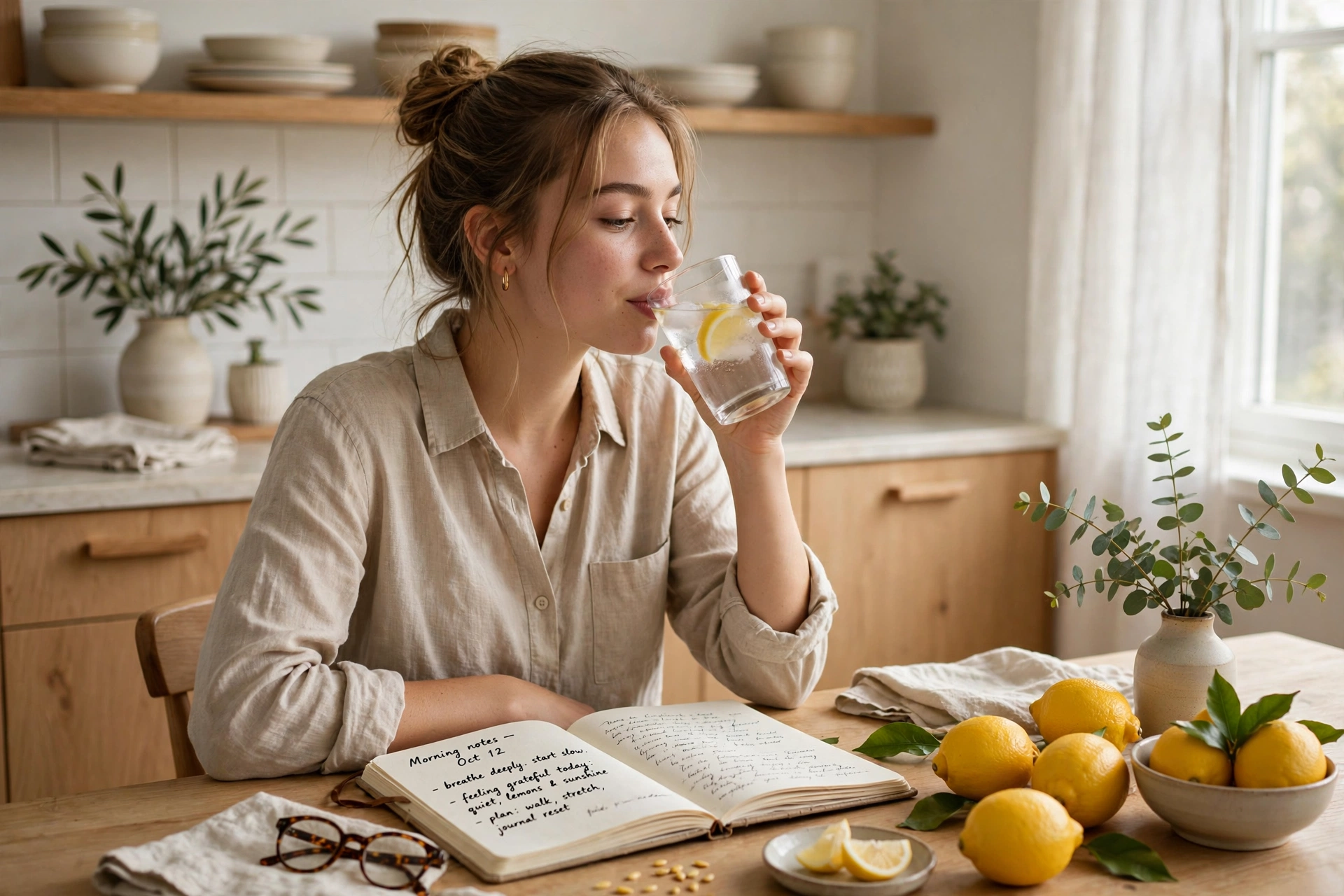 Woman drinking lemon water with handwritten morning notes and lemons on table
