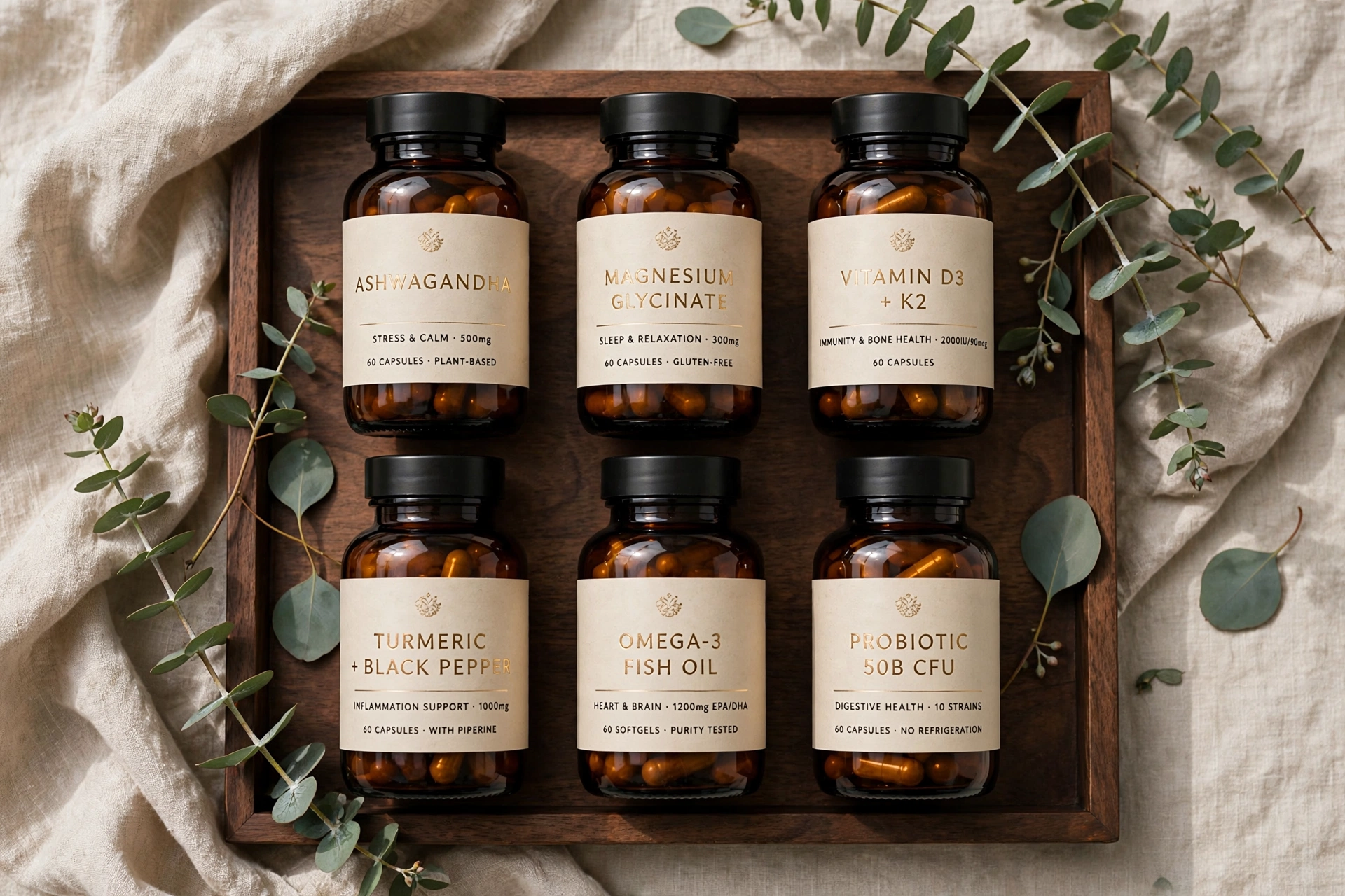 Six amber bottles premium wellness - Ashwagandha Magnesium Vitamin D3