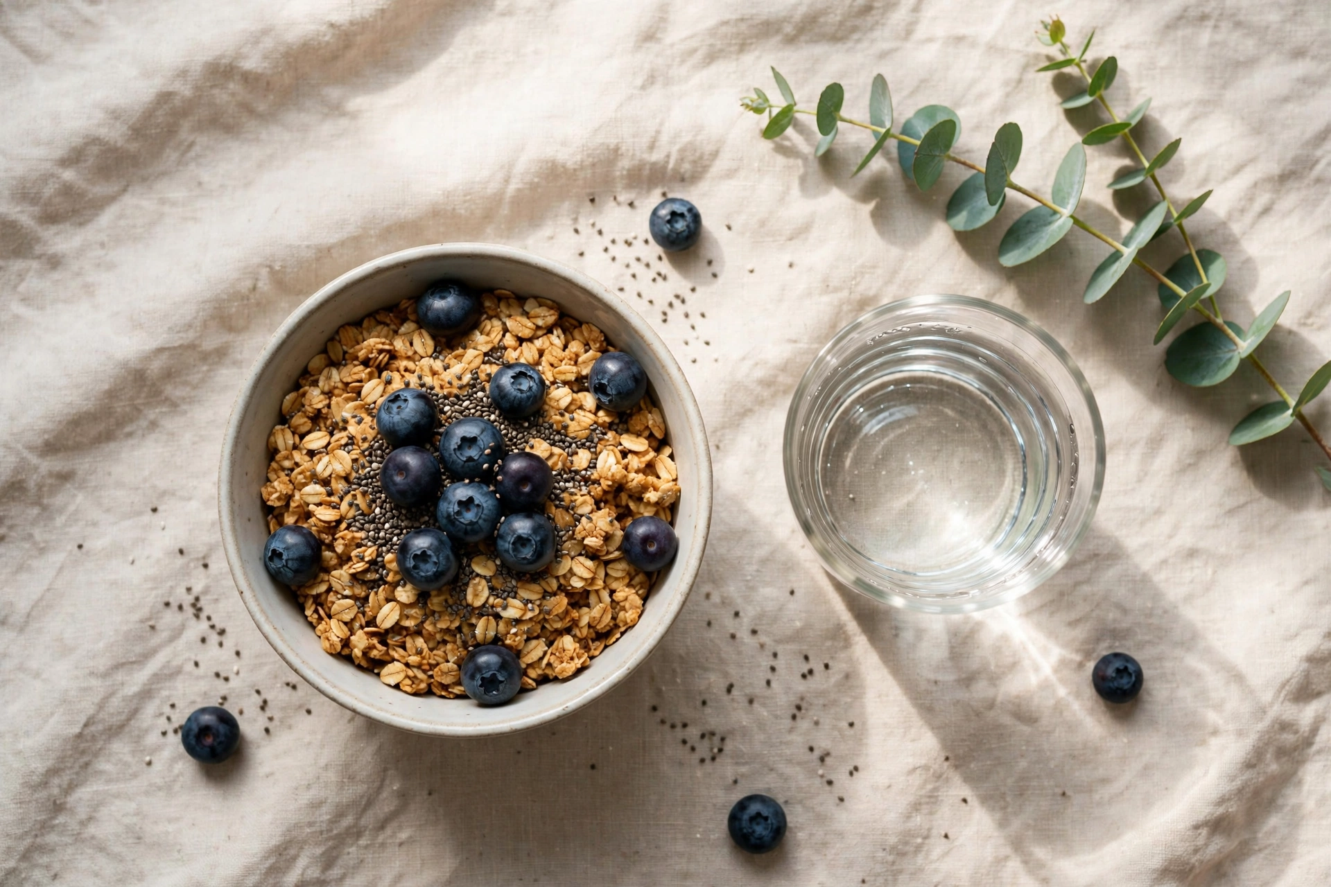 Granola bowl with blueberries and water on linen - everyday breakfast